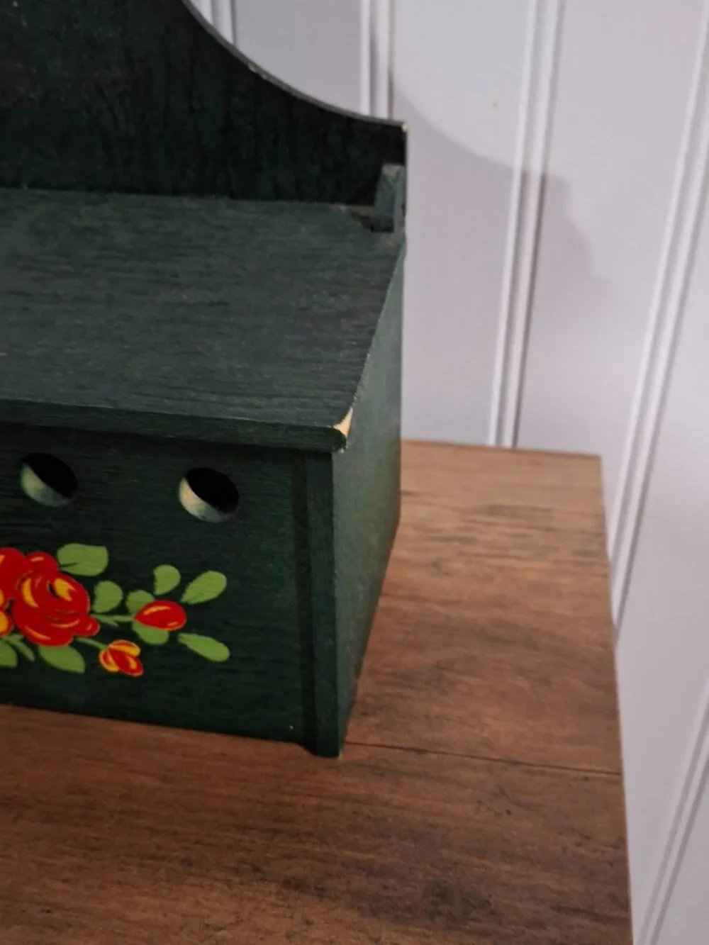 Vintage Wooden Wall Kitchen Box Recipe Green Floral Painted Cottagecore Storage